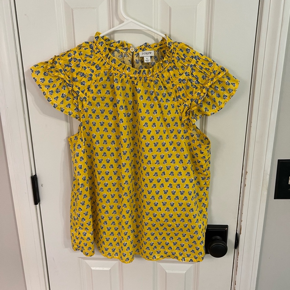 J. Crew Factory Yellow Blouse with Blue Floral Pattern